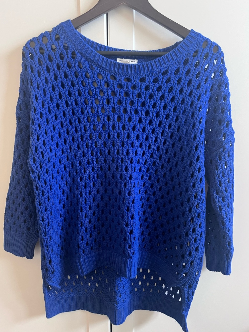 Club Monaco Royal Blue Cotton Silk Open Knit Pointelle Sweater Large